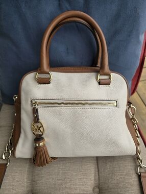 Michael Kors Knox Tassel Cream, Brown, & Gold Hardware & Crossbody Strap 11x9x5